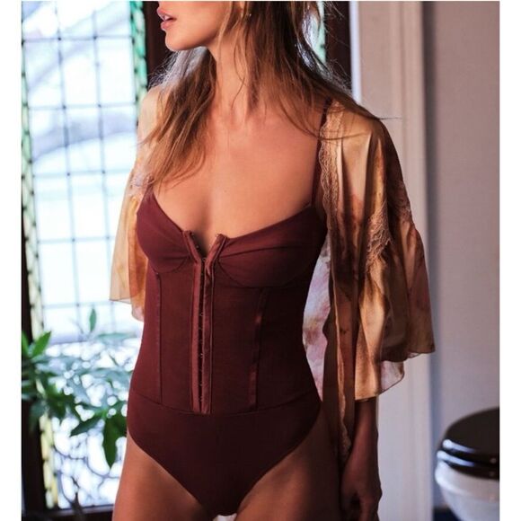 Free People Tops - 🆕 New With Tags FREE PEOPLE Night Rhythm Corset Bodysuit / Washed Maroon